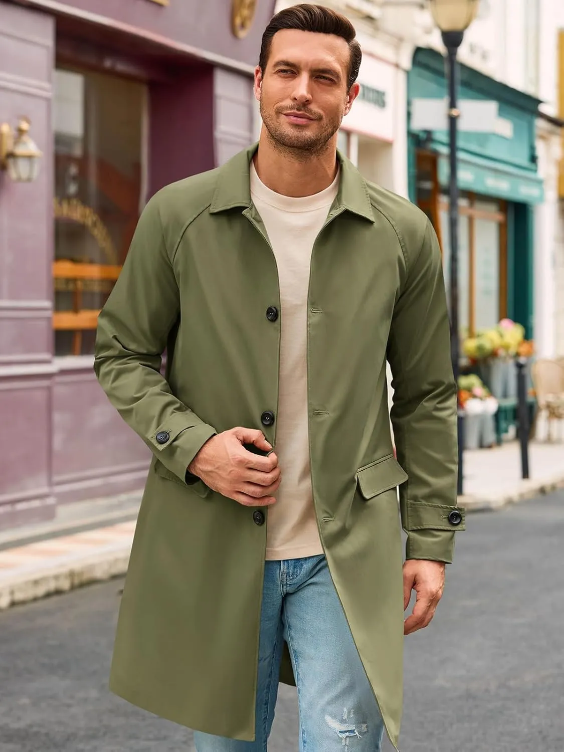 Runcati Mens Trench Coat Slim Fit Single Breasted Long Windbreaker Jacket Classic Lapel Casual Overcoat