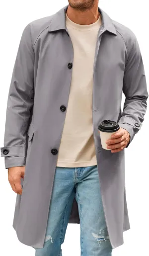 Runcati Mens Trench Coat Slim Fit Single Breasted Long Windbreaker Jacket Classic Lapel Casual Overcoat