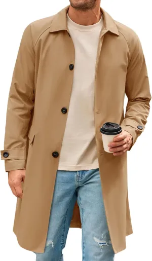 Runcati Mens Trench Coat Slim Fit Single Breasted Long Windbreaker Jacket Classic Lapel Casual Overcoat