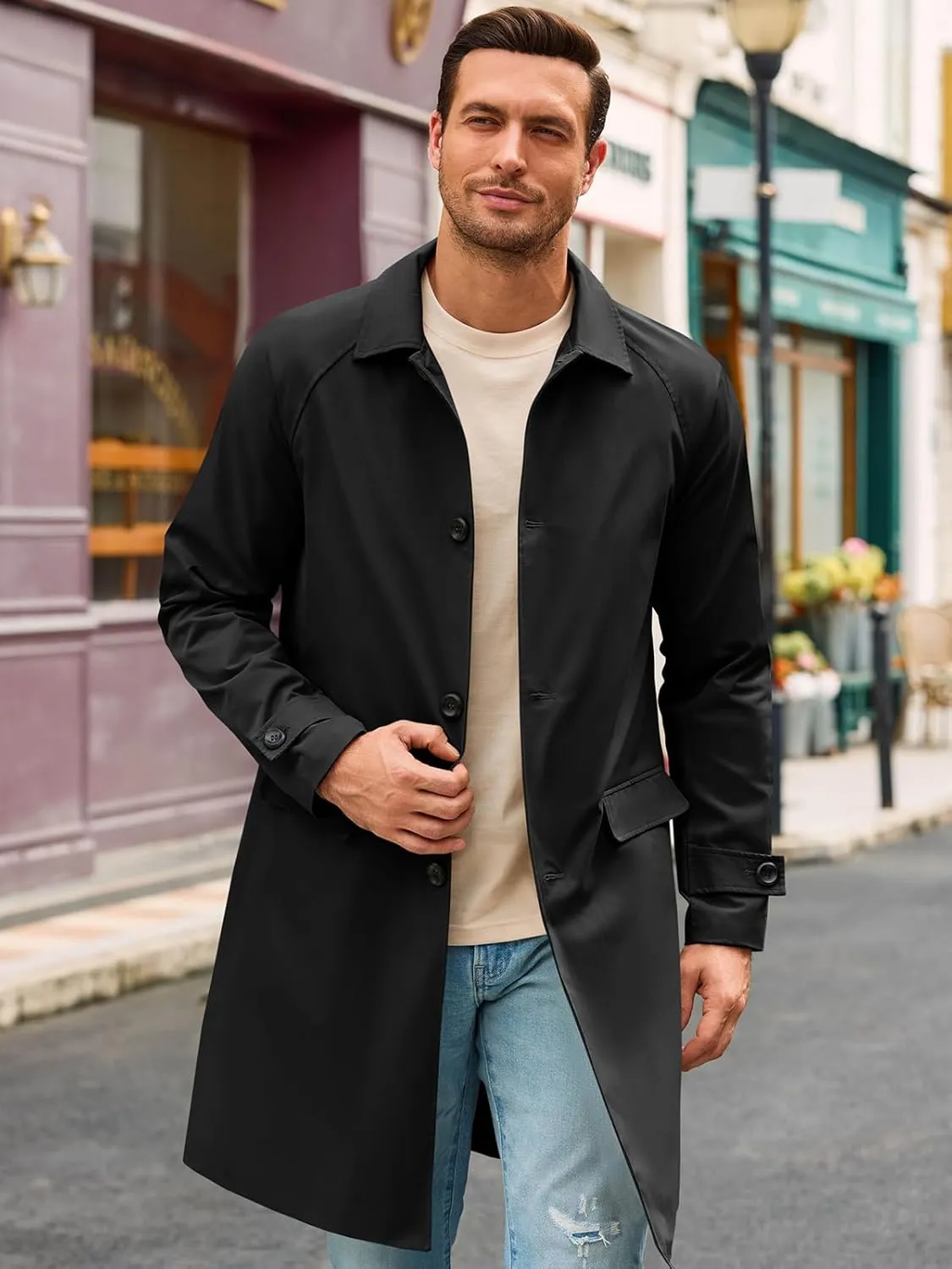Runcati Mens Trench Coat Slim Fit Single Breasted Long Windbreaker Jacket Classic Lapel Casual Overcoat