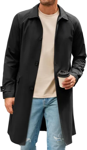 Runcati Mens Trench Coat Slim Fit Single Breasted Long Windbreaker Jacket Classic Lapel Casual Overcoat