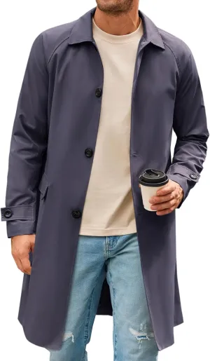 Runcati Mens Trench Coat Slim Fit Single Breasted Long Windbreaker Jacket Classic Lapel Casual Overcoat