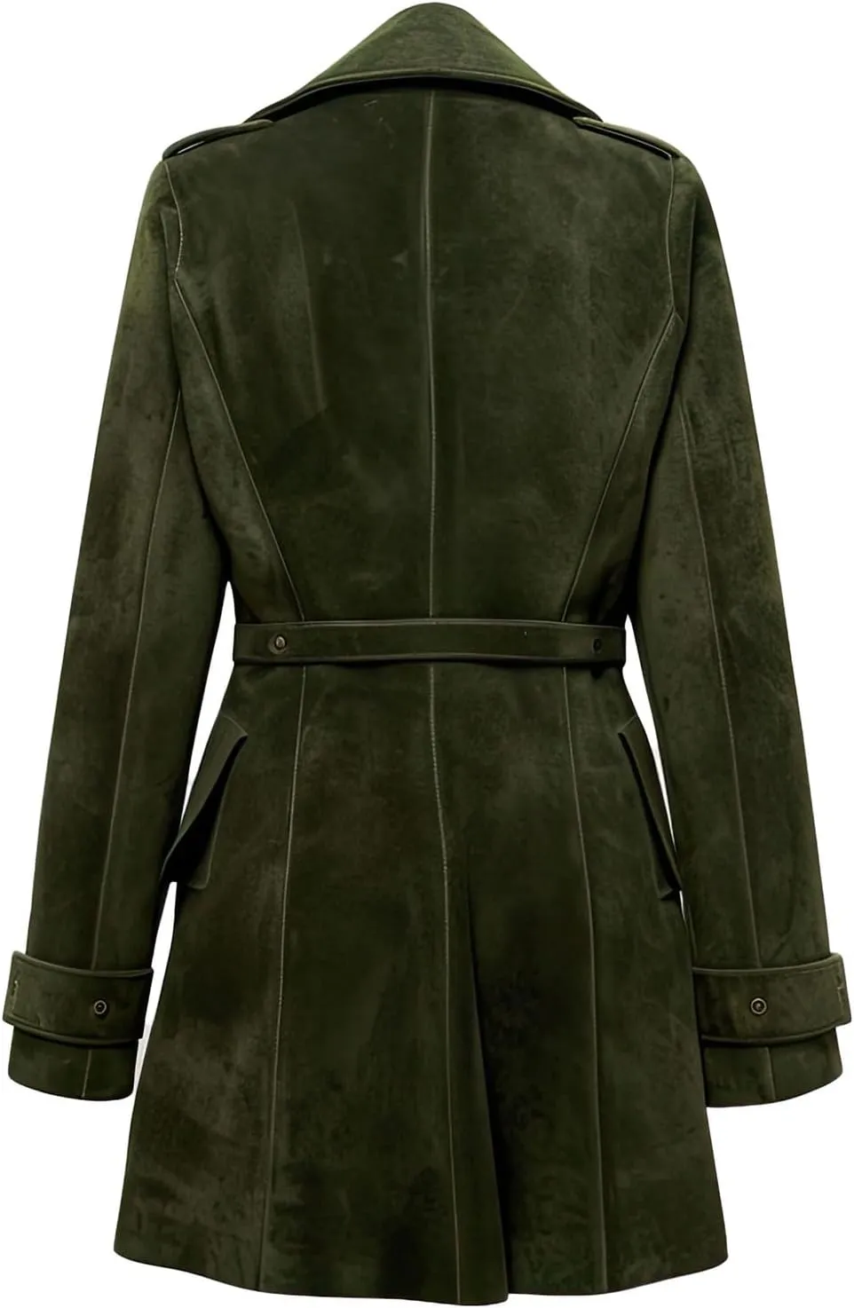 Salaar & Co Women's Olive Green Genuine Suede Double-Breasted Slim-Fit Knee-Length Trench Coat with Belt and Lapel Collar