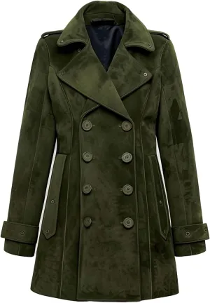 Salaar & Co Women's Olive Green Genuine Suede Double-Breasted Slim-Fit Knee-Length Trench Coat with Belt and Lapel Collar