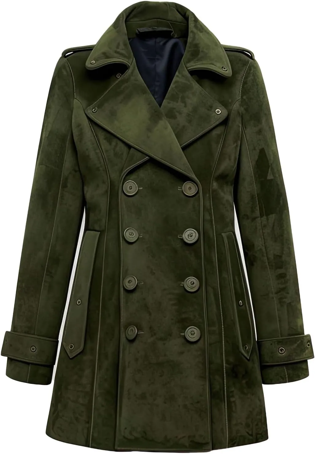 Salaar & Co Women's Olive Green Genuine Suede Double-Breasted Slim-Fit Knee-Length Trench Coat with Belt and Lapel Collar