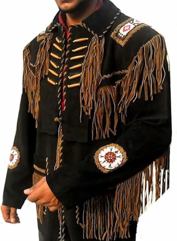 Seasonal Men's Western Suede Leather Jacket with Fringe and Beaded Native American Jacke Black