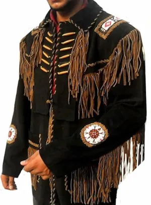 Seasonal Men's Western Suede Leather Jacket with Fringe and Beaded Native American Jacke Black