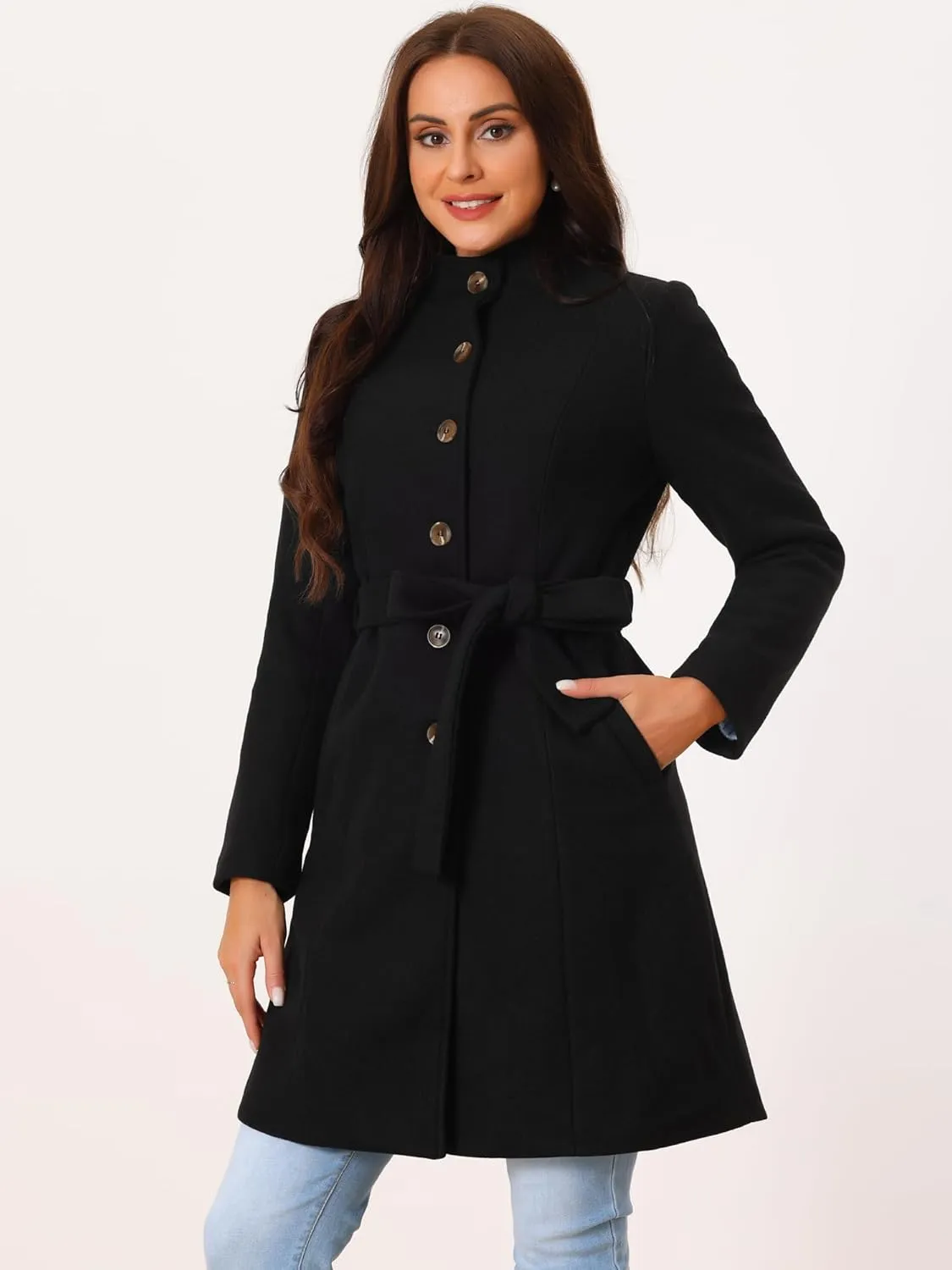Seta T Women's Single Breasted Peacoat Fashion Winter Belted Outwear Casual Jackets with Pockets