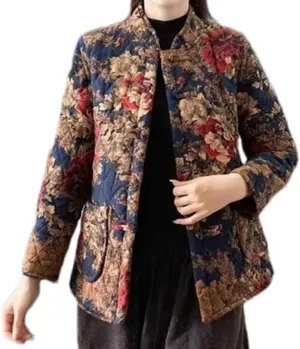 Short Retro Big Flower Cotton Padded Jacket Women's Chinese Style Fall Winter Thickened Quilted Coat