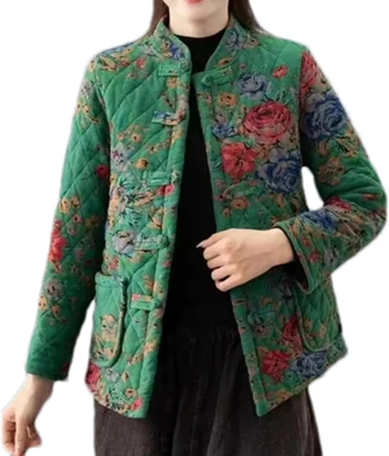 Short Retro Big Flower Cotton Padded Jacket Women's Chinese Style Fall Winter Thickened Quilted Coat