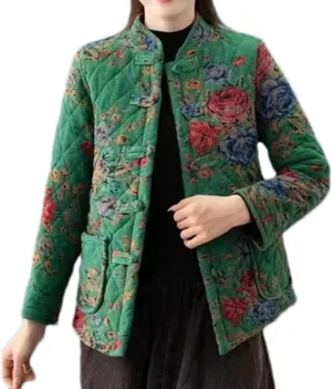 Short Retro Big Flower Cotton Padded Jacket Women's Chinese Style Fall Winter Thickened Quilted Coat