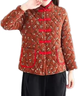 Short Retro Big Flower Cotton Padded Jacket Women's Chinese Style Fall Winter Thickened Quilted Coat