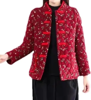 Short Retro Big Flower Cotton Padded Jacket Women's Chinese Style Fall Winter Thickened Quilted Coat