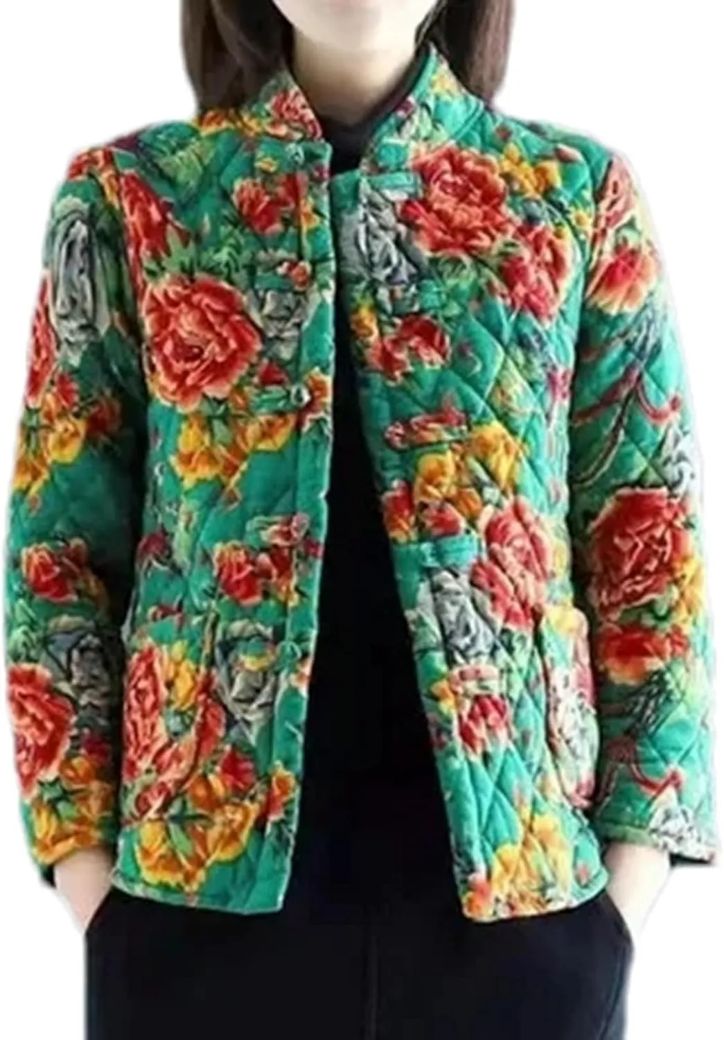 Short Retro Big Flower Cotton Padded Jacket Women's Chinese Style Fall Winter Thickened Quilted Coat