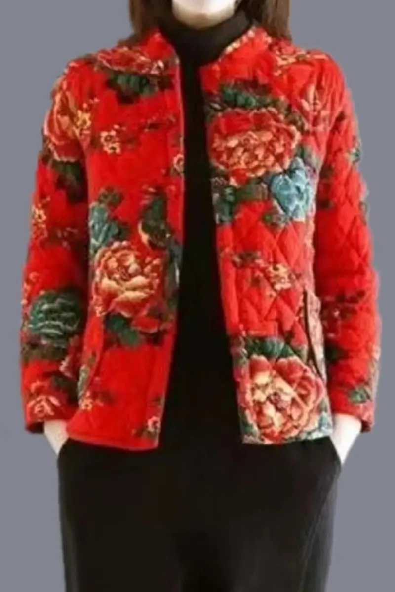 Short Retro Big Flower Cotton Padded Jacket Women's Chinese Style Fall Winter Thickened Quilted Coat