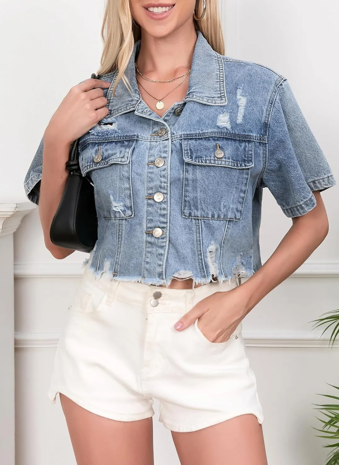 Short Sleeve Jean Jacket for Women Cropped Plus Size, Distressed Denim Top Jackets Coat with Frayed Hem