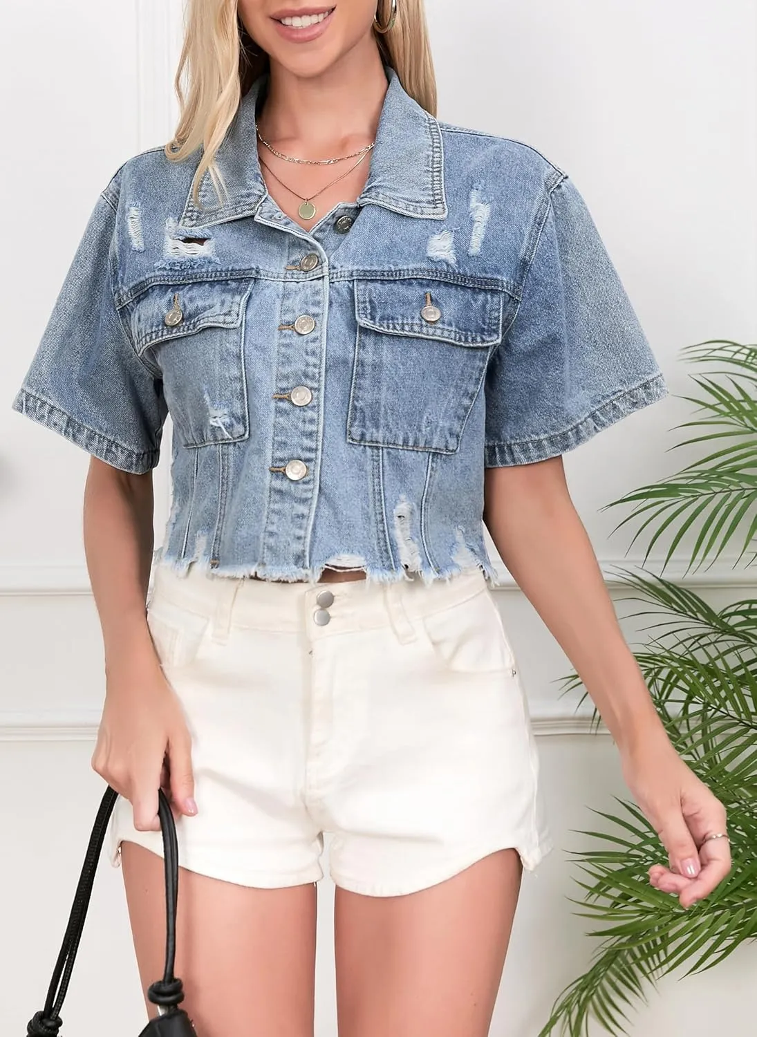 Short Sleeve Jean Jacket for Women Cropped Plus Size, Distressed Denim Top Jackets Coat with Frayed Hem