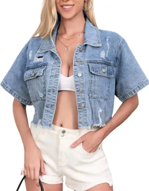 Short Sleeve Jean Jacket for Women Cropped Plus Size, Distressed Denim Top Jackets Coat with Frayed Hem