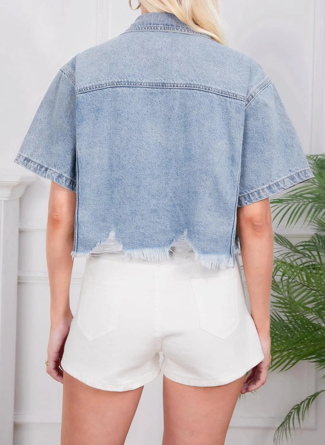 Short Sleeve Jean Jacket for Women Cropped Plus Size, Distressed Denim Top Jackets Coat with Frayed Hem