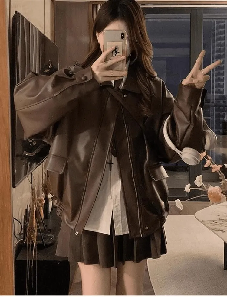 Short Slim Leather Jacket Slimming Versatile Leather Outerwear Women Casual Style