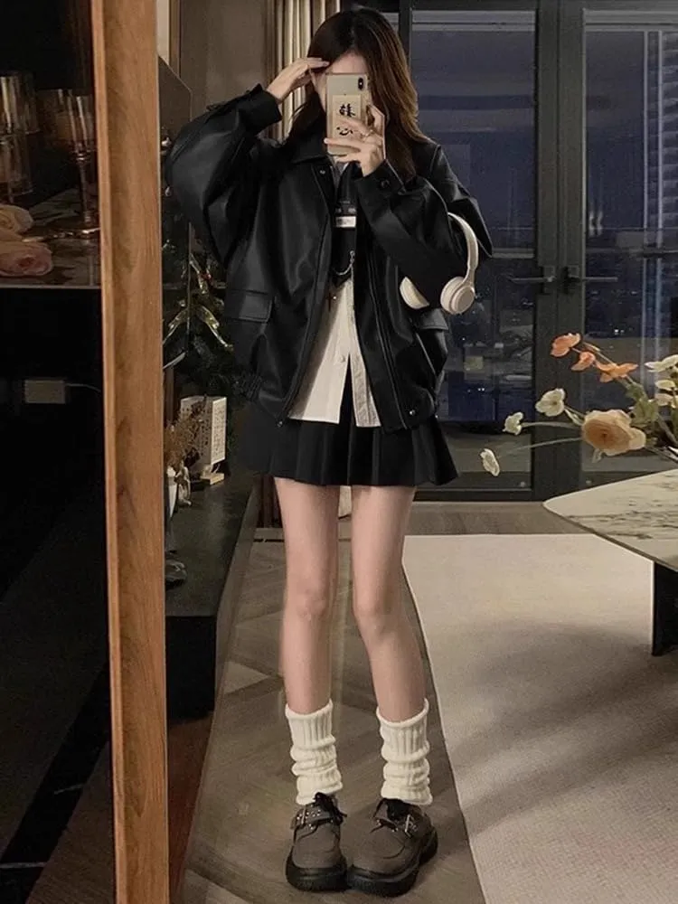 Short Slim Leather Jacket Slimming Versatile Leather Outerwear Women Casual Style
