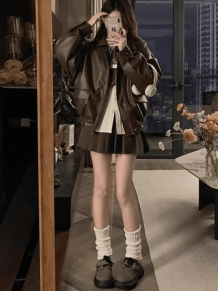 Short Slim Leather Jacket Slimming Versatile Leather Outerwear Women Casual Style