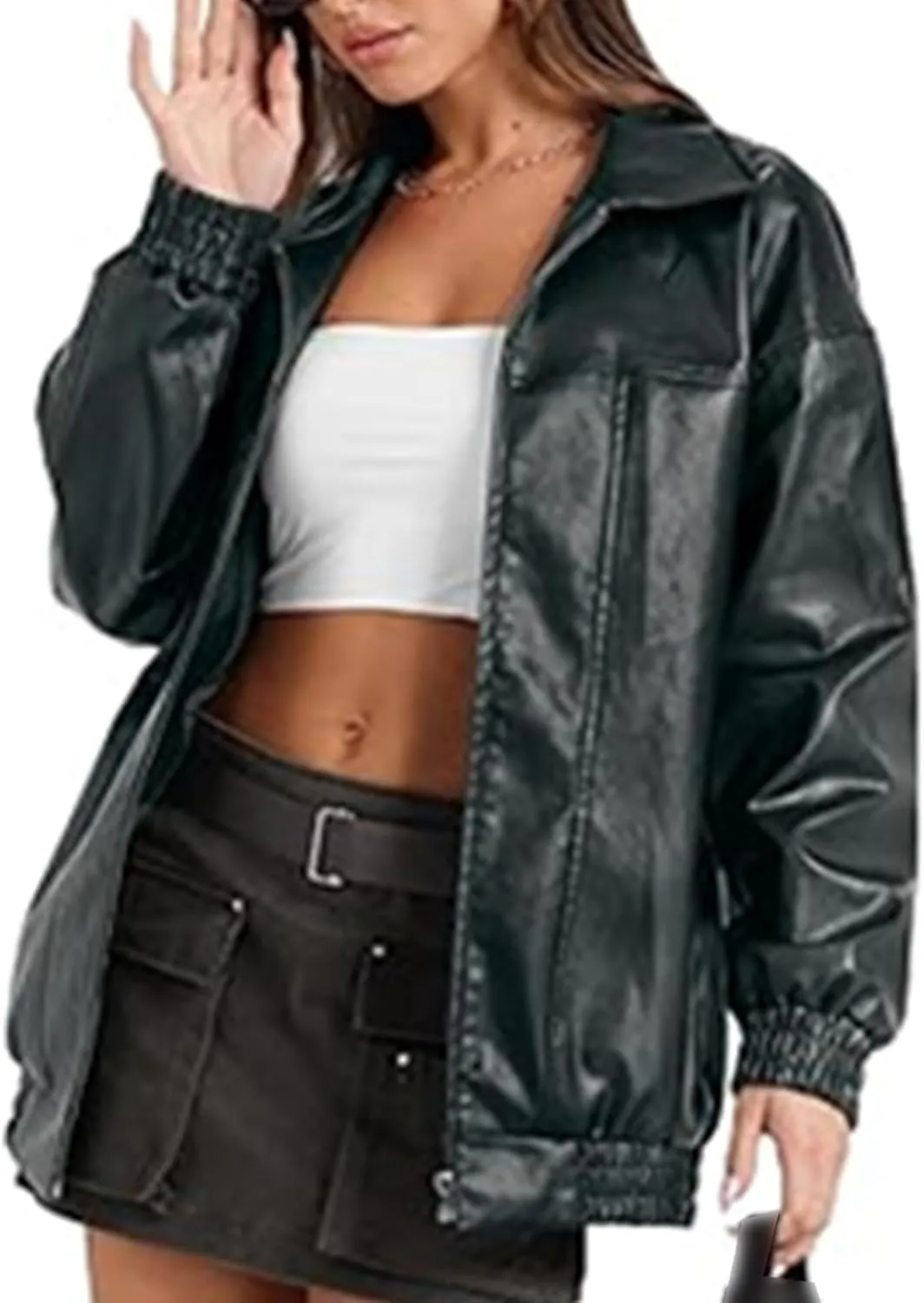 SOMTHRON Women's Oversized Leather Jackets Faux Casual Zip Up Fall Motorcycle Bomber Outfits Winter Fashion Clothes