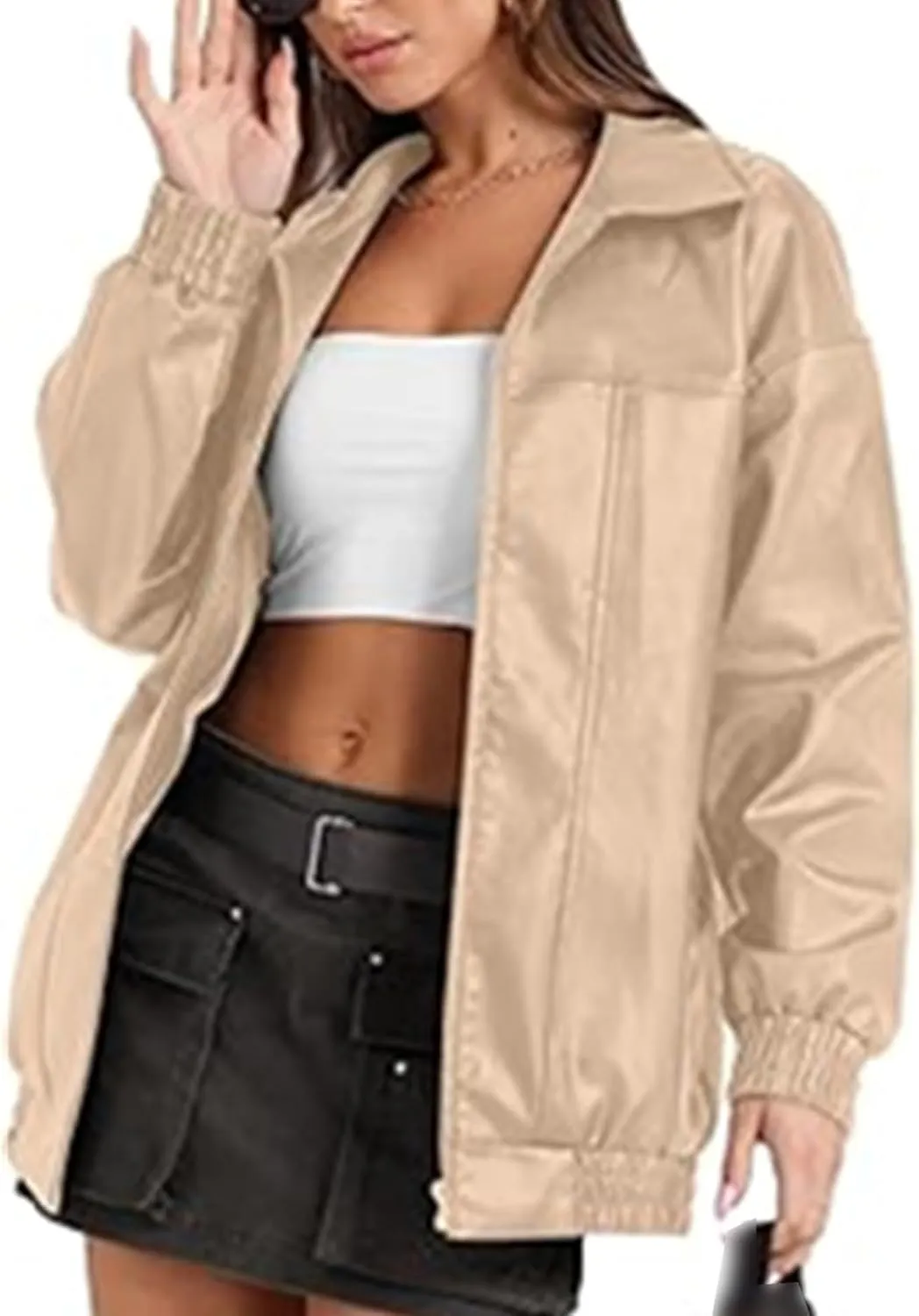 SOMTHRON Women's Oversized Leather Jackets Faux Casual Zip Up Fall Motorcycle Bomber Outfits Winter Fashion Clothes