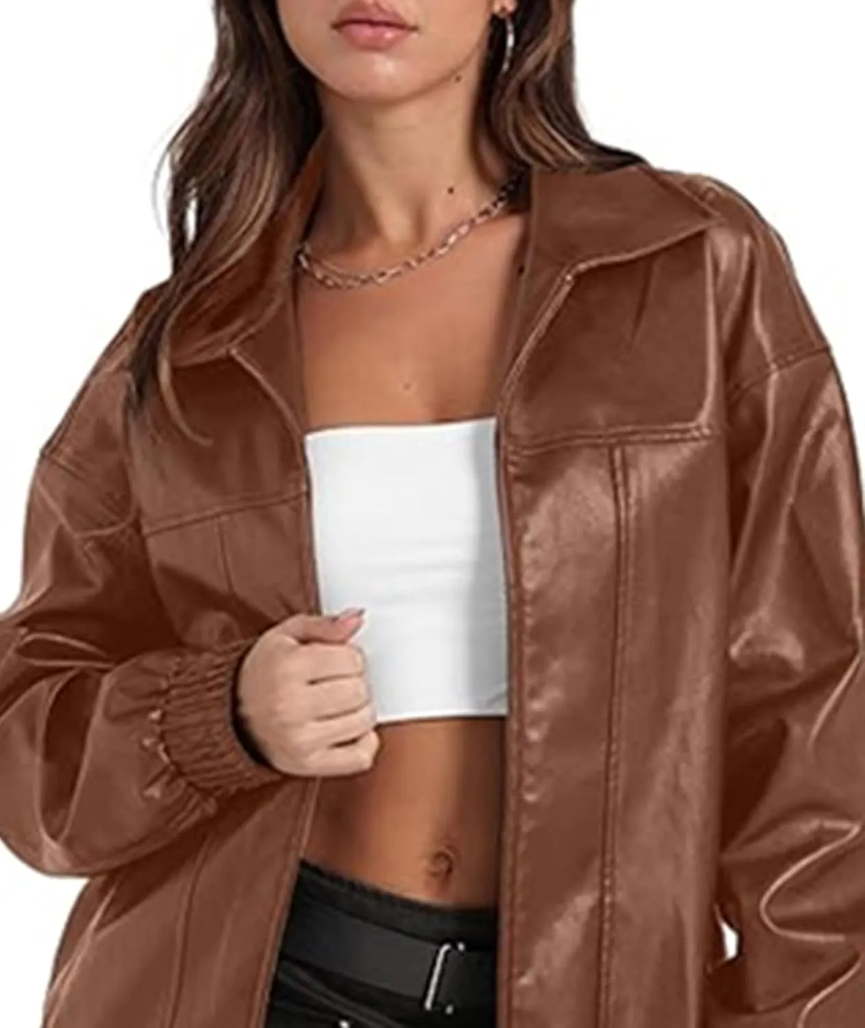 SOMTHRON Women's Oversized Leather Jackets Faux Casual Zip Up Fall Motorcycle Bomber Outfits Winter Fashion Clothes