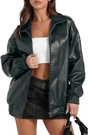 SOMTHRON Women's Oversized Leather Jackets Faux Casual Zip Up Fall Motorcycle Bomber Outfits Winter Fashion Clothes