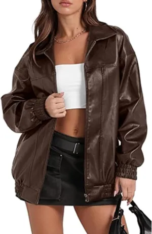 SOMTHRON Women's Oversized Leather Jackets Faux Casual Zip Up Fall Motorcycle Bomber Outfits Winter Fashion Clothes