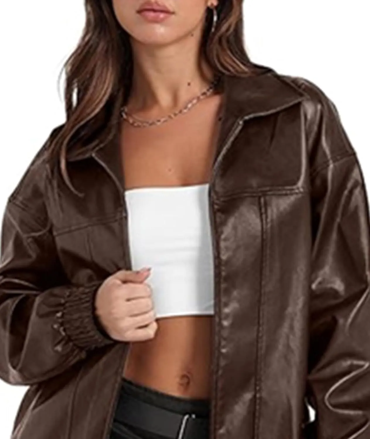 SOMTHRON Women's Oversized Leather Jackets Faux Casual Zip Up Fall Motorcycle Bomber Outfits Winter Fashion Clothes
