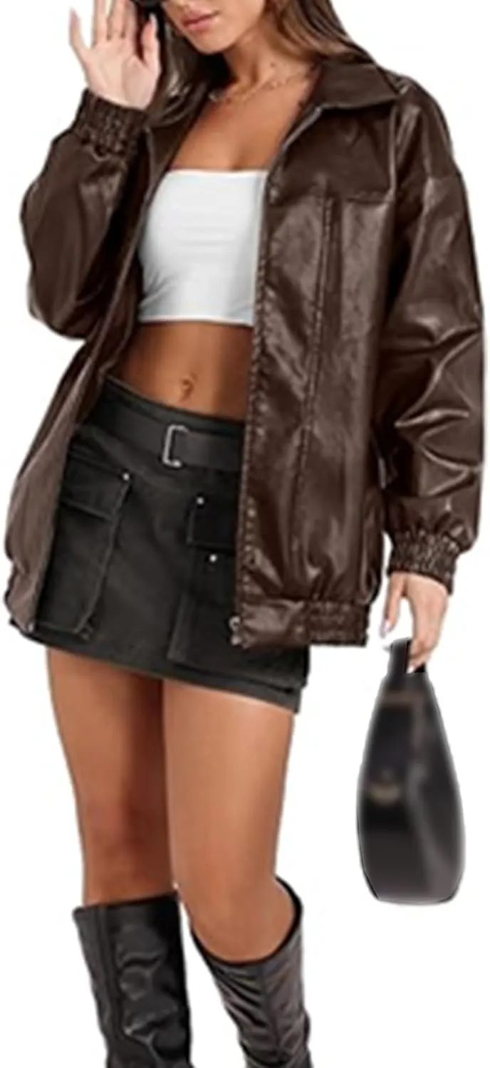 SOMTHRON Women's Oversized Leather Jackets Faux Casual Zip Up Fall Motorcycle Bomber Outfits Winter Fashion Clothes
