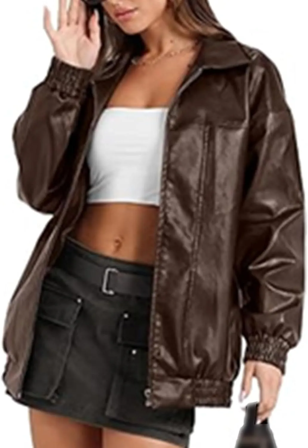 SOMTHRON Women's Oversized Leather Jackets Faux Casual Zip Up Fall Motorcycle Bomber Outfits Winter Fashion Clothes