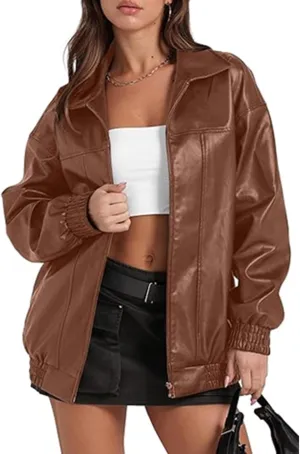 SOMTHRON Women's Oversized Leather Jackets Faux Casual Zip Up Fall Motorcycle Bomber Outfits Winter Fashion Clothes