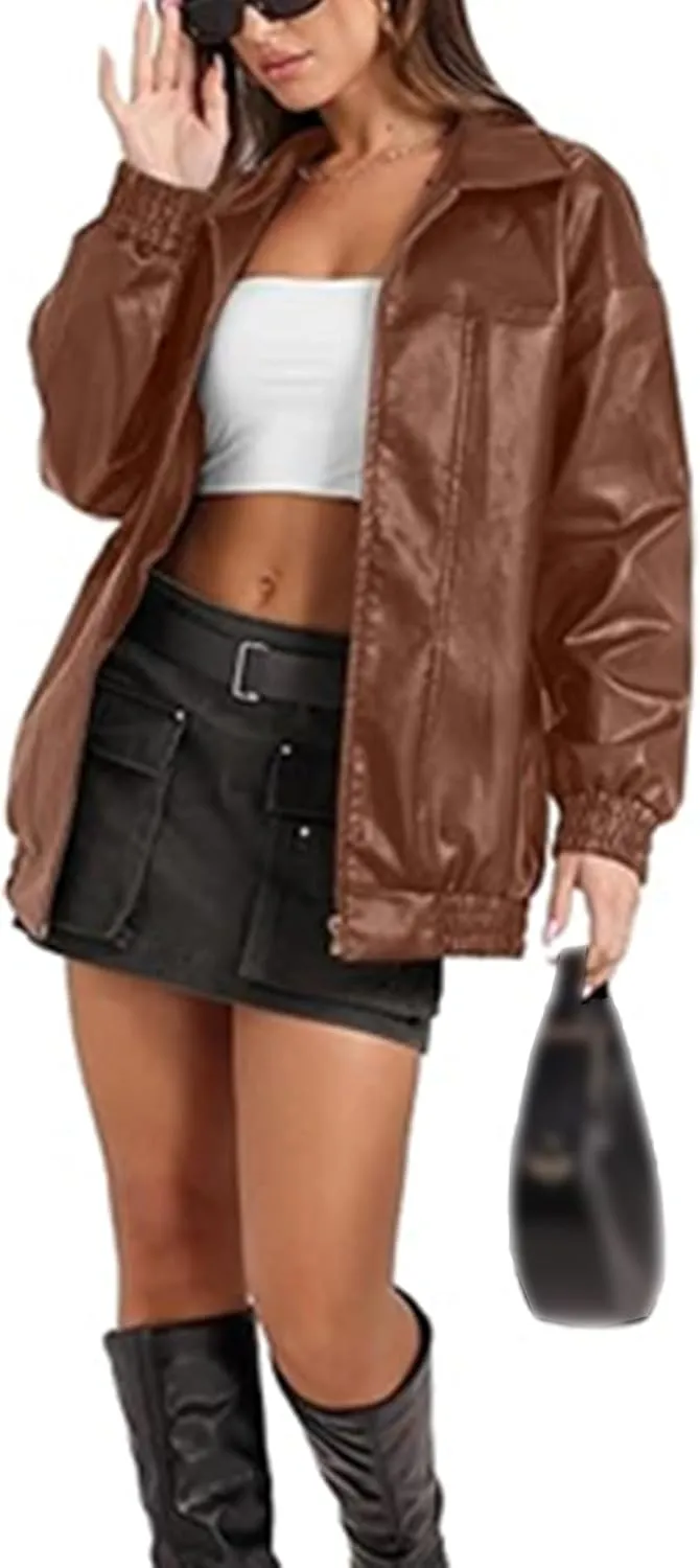 SOMTHRON Women's Oversized Leather Jackets Faux Casual Zip Up Fall Motorcycle Bomber Outfits Winter Fashion Clothes
