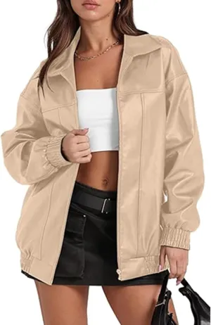 SOMTHRON Women's Oversized Leather Jackets Faux Casual Zip Up Fall Motorcycle Bomber Outfits Winter Fashion Clothes