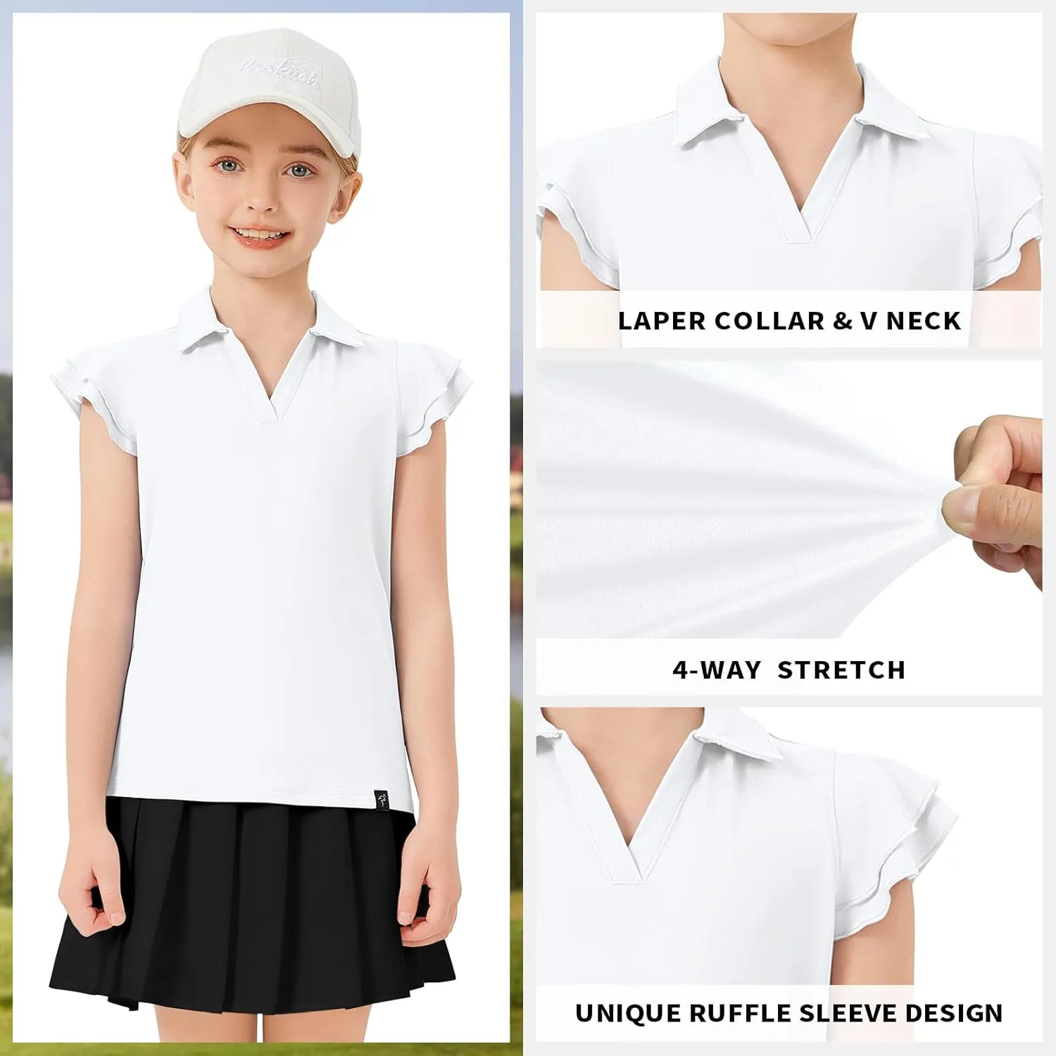 Soneven Girls Golf Polo Shirts V Neck Ruffle Sleeveless Tennis Shirts Lightweight Quick Dry Athletic Tank Tops