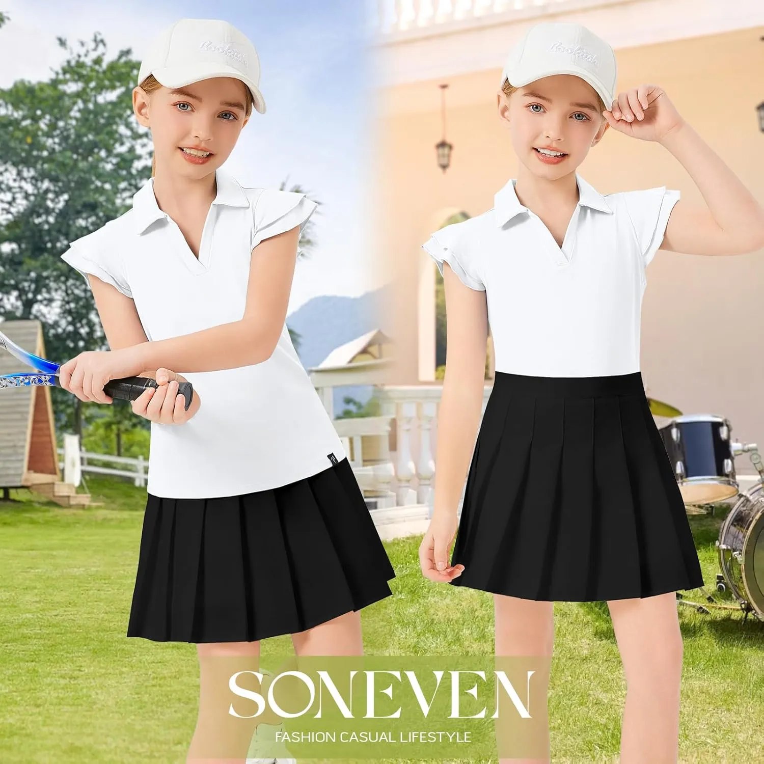 Soneven Girls Golf Polo Shirts V Neck Ruffle Sleeveless Tennis Shirts Lightweight Quick Dry Athletic Tank Tops