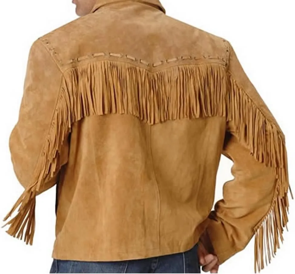 SpazeUp Mens Suede Leather Native American Brown Fringe Western Style Cowboy Jacket - Traditional Fashionable Coat Men