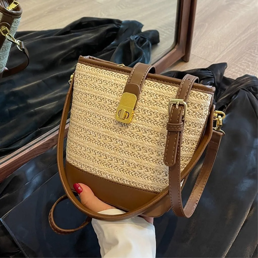 Straw Purse Woven Straw Bag Women 2023 New Shoulder Bag Summer Versatile Portable Bucket Bag Straw Purses