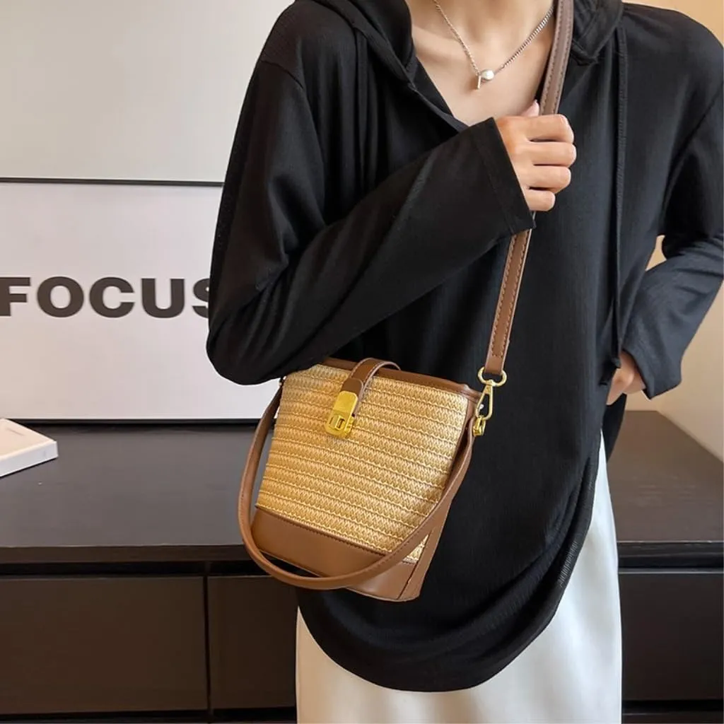 Straw Purse Woven Straw Bag Women 2023 New Shoulder Bag Summer Versatile Portable Bucket Bag Straw Purses
