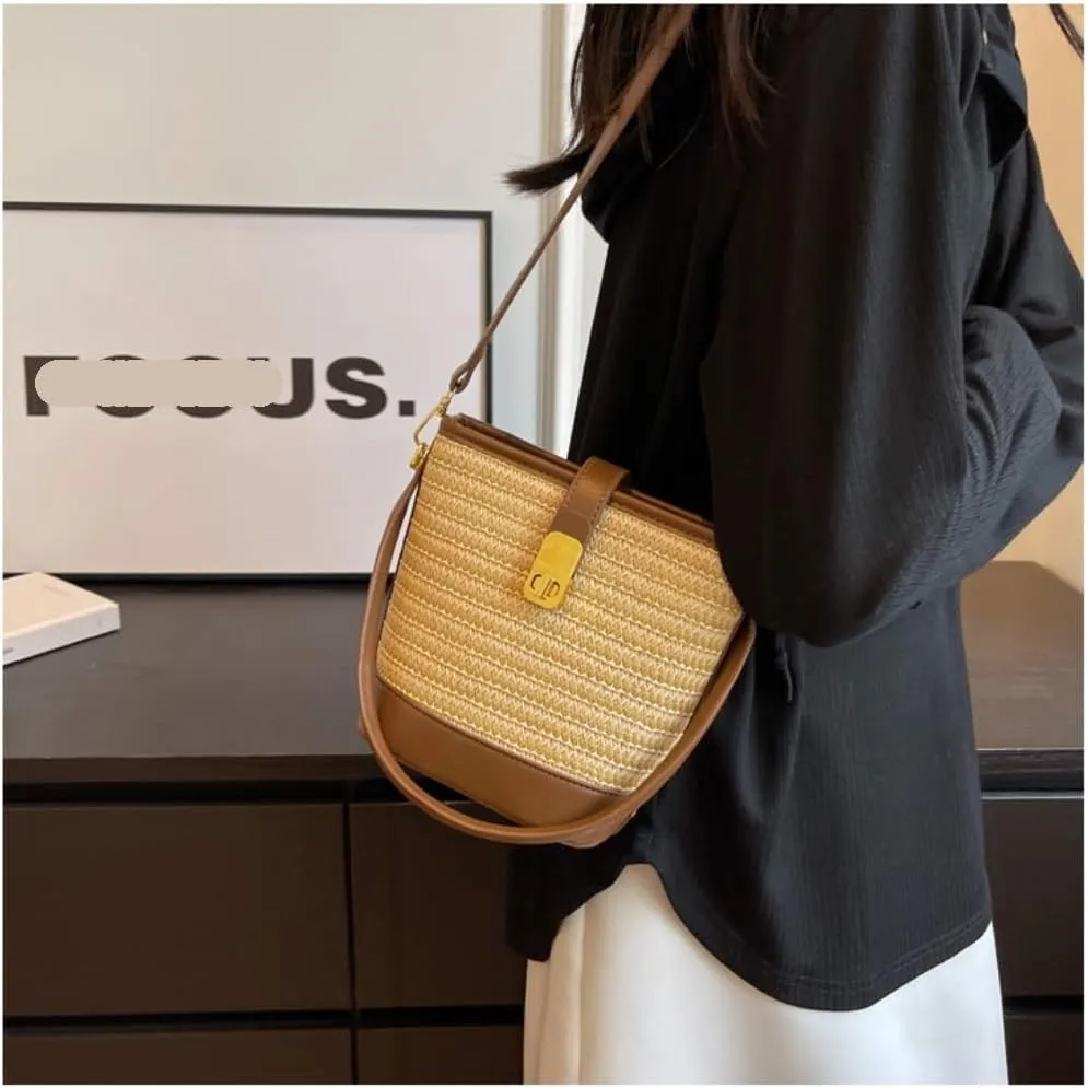 Straw Purse Woven Straw Bag Women 2023 New Shoulder Bag Summer Versatile Portable Bucket Bag Straw Purses