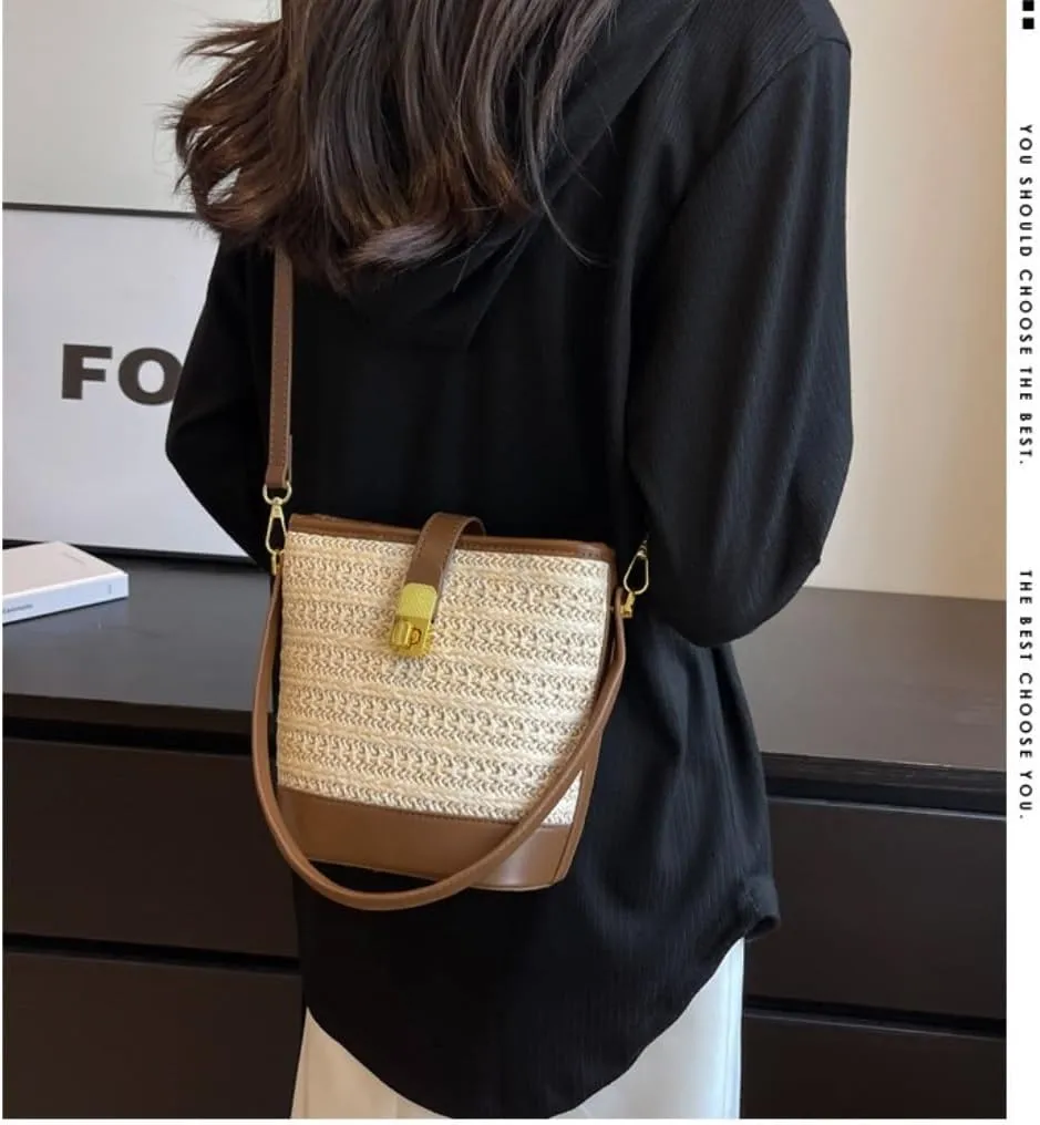 Straw Purse Woven Straw Bag Women 2023 New Shoulder Bag Summer Versatile Portable Bucket Bag Straw Purses