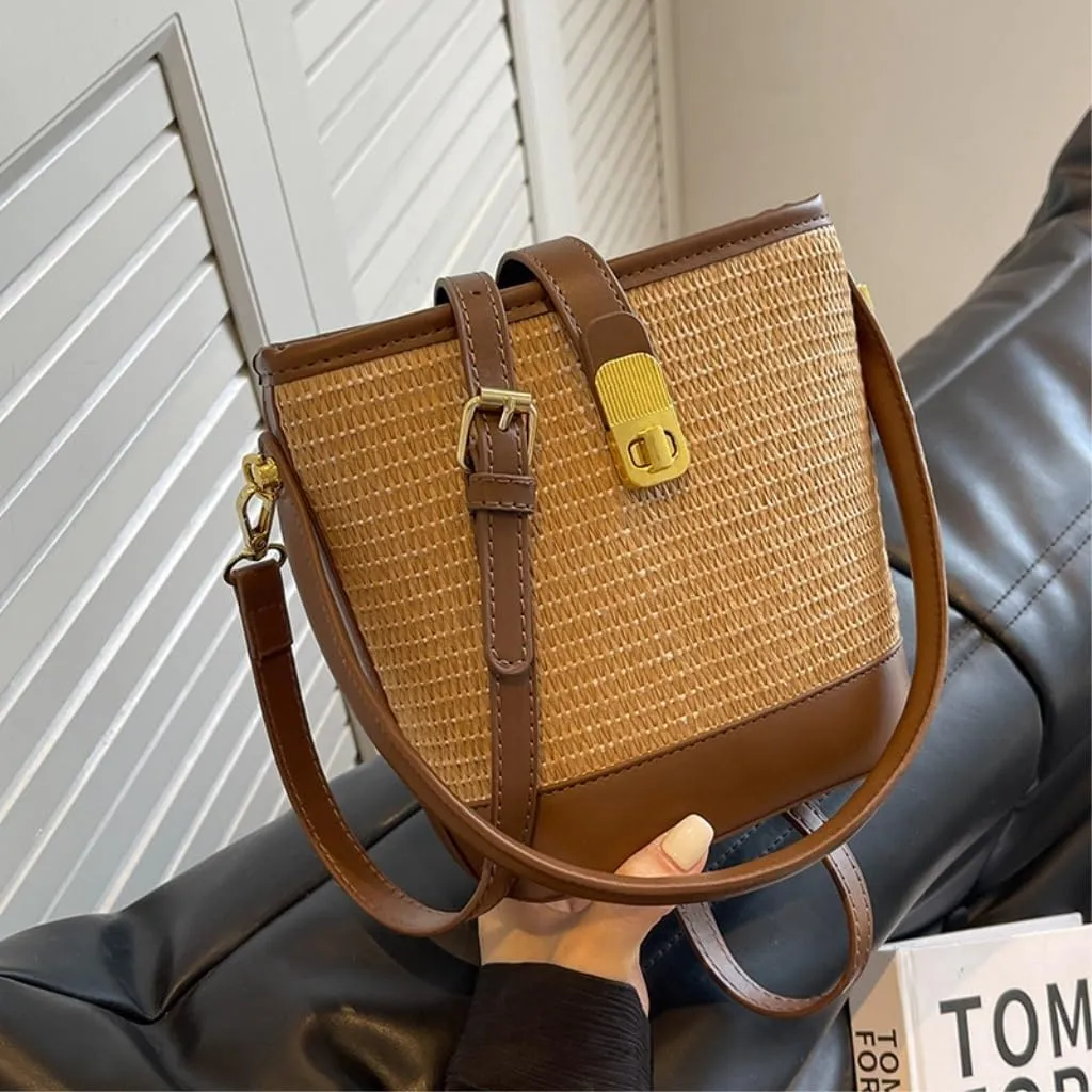 Straw Purse Woven Straw Bag Women 2023 New Shoulder Bag Summer Versatile Portable Bucket Bag Straw Purses