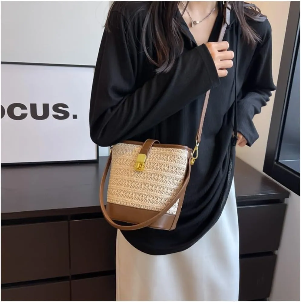 Straw Purse Woven Straw Bag Women 2023 New Shoulder Bag Summer Versatile Portable Bucket Bag Straw Purses