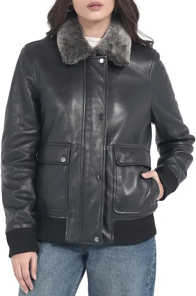 STREGA Womens leather jacket Lambskin Bomber Jacket-detachable snow top faux fur collar Black Leather jacket women.