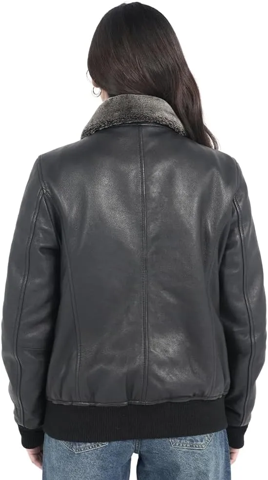 STREGA Womens leather jacket Lambskin Bomber Jacket-detachable snow top faux fur collar Black Leather jacket women.