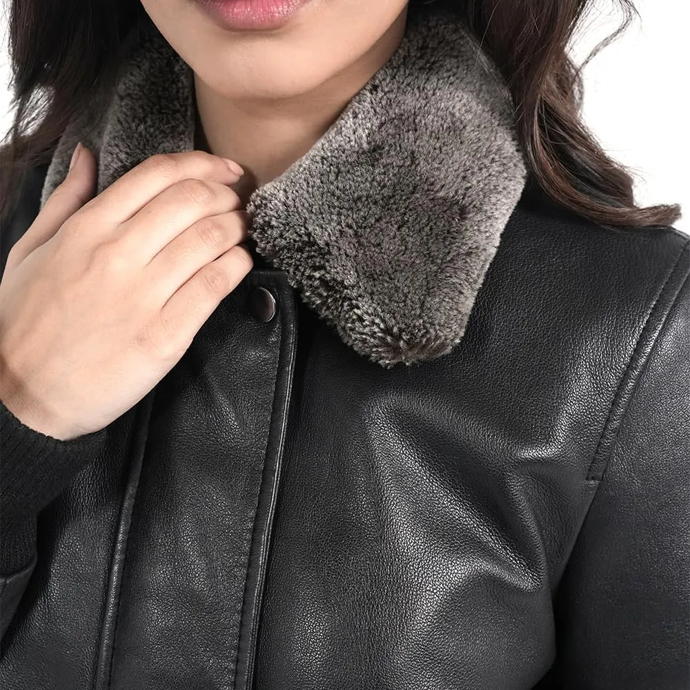 STREGA Womens leather jacket Lambskin Bomber Jacket-detachable snow top faux fur collar Black Leather jacket women.