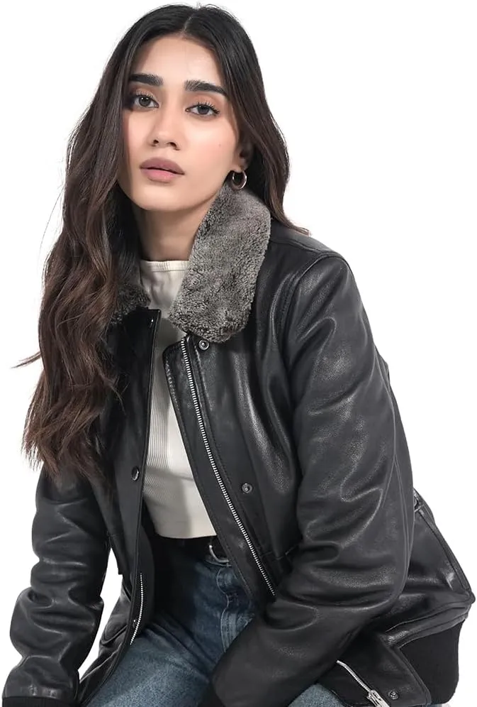 STREGA Womens leather jacket Lambskin Bomber Jacket-detachable snow top faux fur collar Black Leather jacket women.